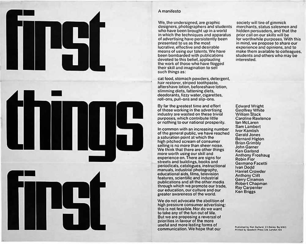 Ken Garland's manifesto was published today in 1963. He challenged designers to use their talents &amp; influence for more than consumerism. The manifesto was revisited &amp; revised in 2000 &amp; 2014. #GraphicDesign