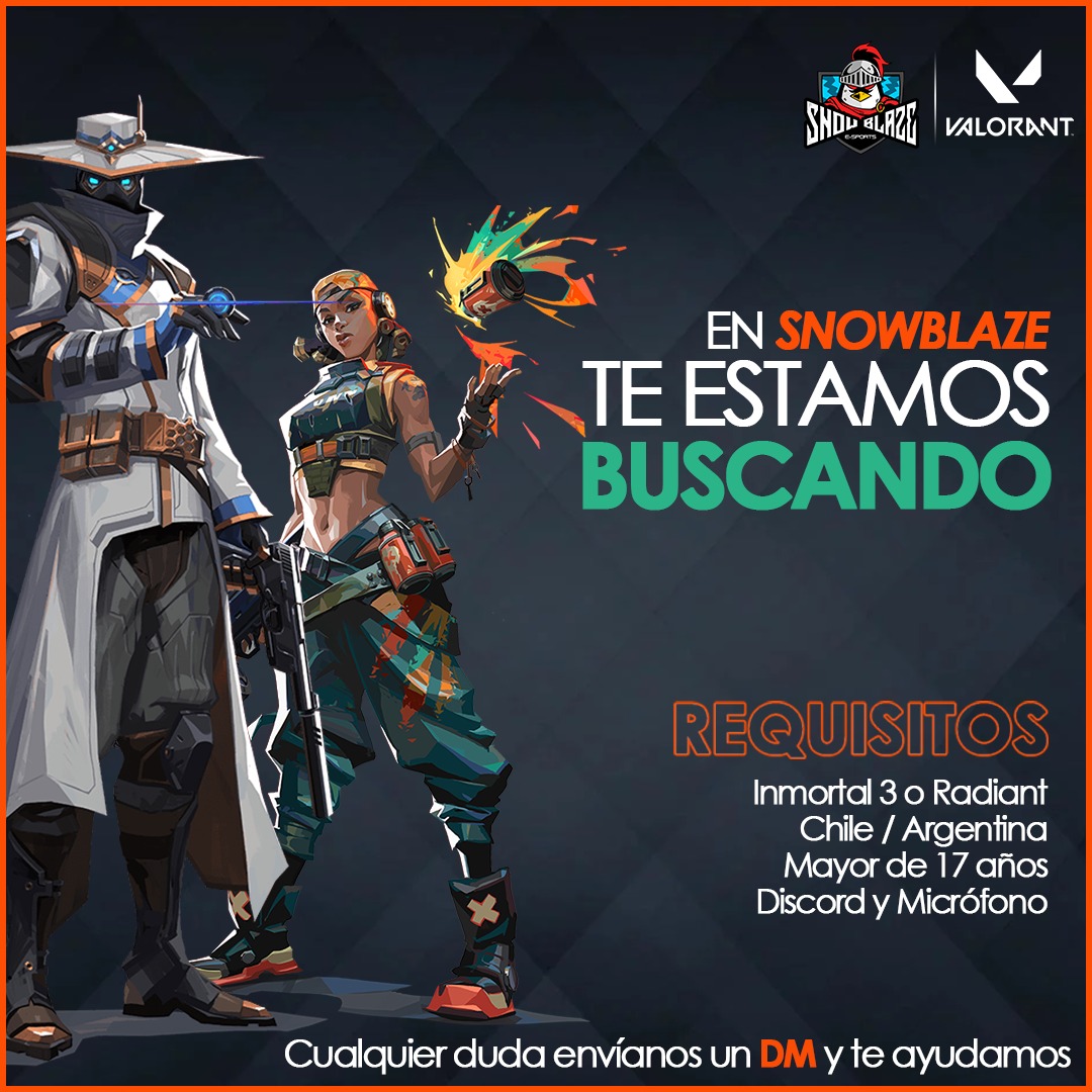 Estamos buscando para nuestra escuadra de #VALORANT 

- 2 Jugadores
- Coach 

Interesados pueden enviar DM a mi o a @EsportSnowblaze para mas info.

Buscamos gente  comprometida e interesada en el ámbito competitivo