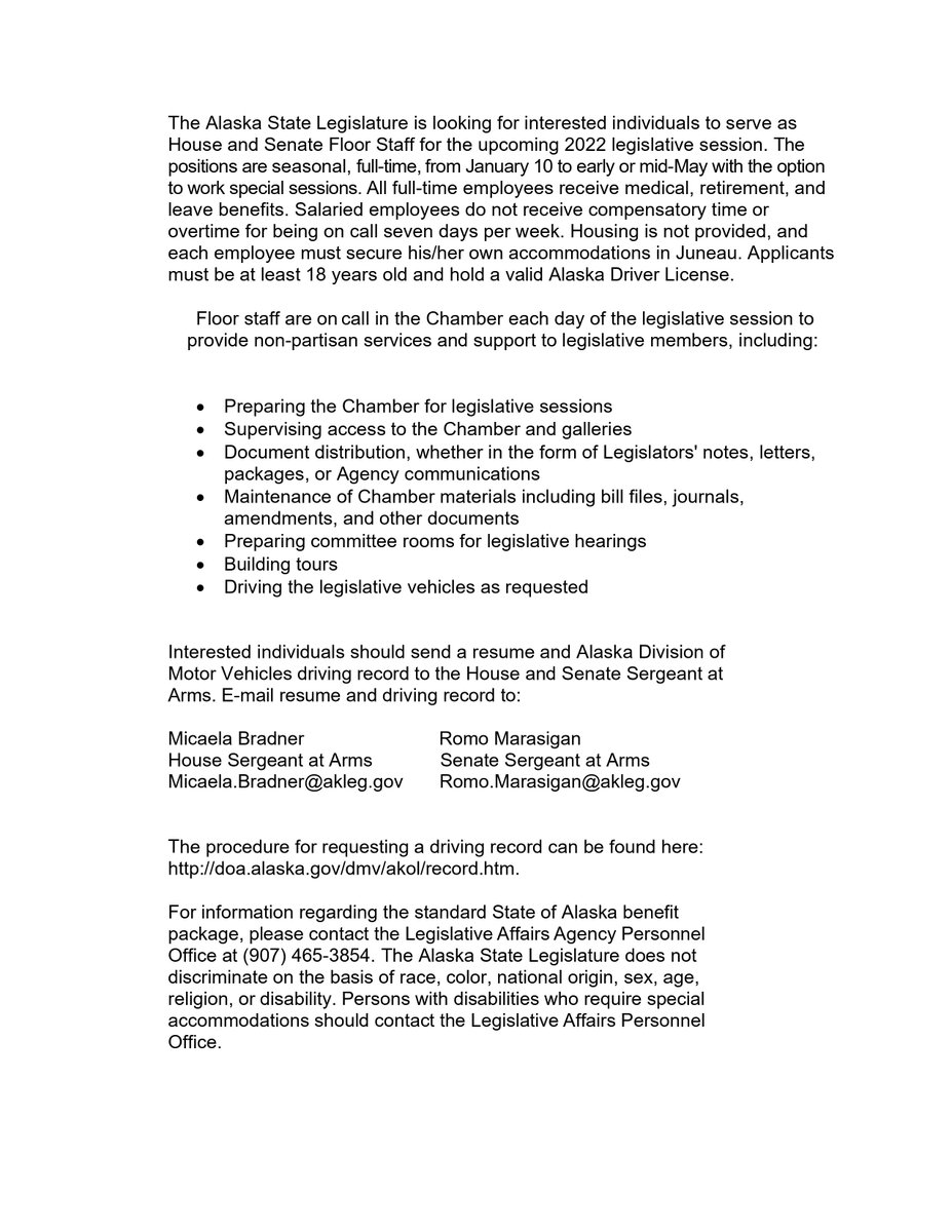 The Senate and House are looking for Floor staff for the upcoming legislative session #akleg