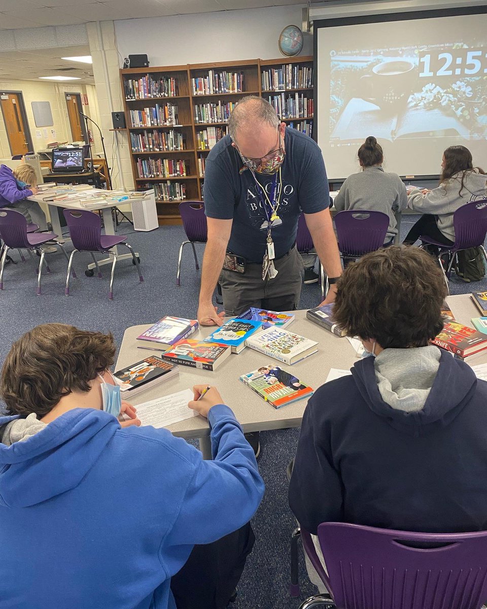 PrincipalCetner's tweet photo. Mr. Newhouse played “matchbookmaker” by transforming the library into a Book Dating Game today, where students were able to explore a variety of reading selections and select the one (or two 😉) that suits them best! #readingisfun #librariesRawesome https://t.co/WOFEXoaLoy