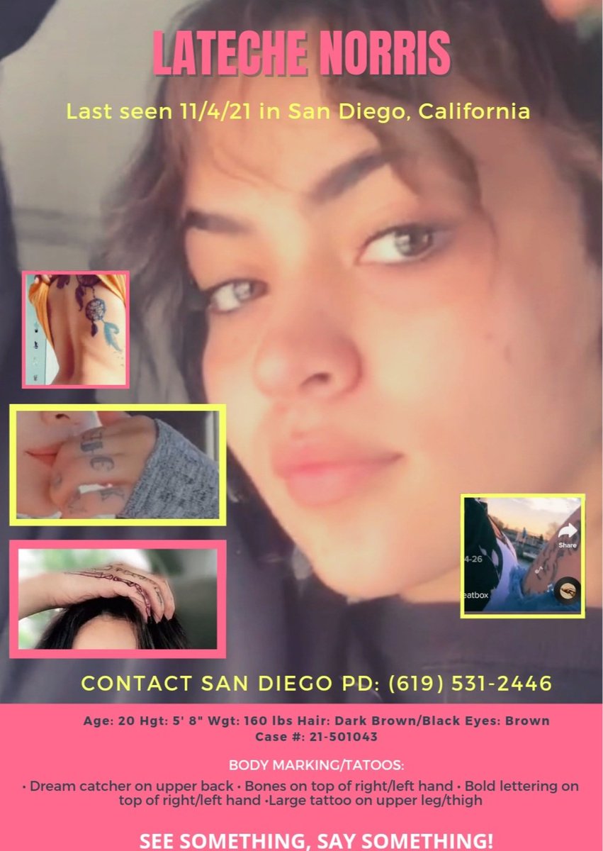 daviscleaned2's tweet photo. 📢#LatecheNorris missing since 11/4 in @SanDiegoCounty has tattoos on tops of both hands, upper back &amp; upper thigh. Any info contact @SanDiegoPD please let's #bringlatechehome #Missing #MissingPerson &amp; let's push for an @AMBERAlert #seesomething #saysomething https://t.co/BJ2Inyw9zT