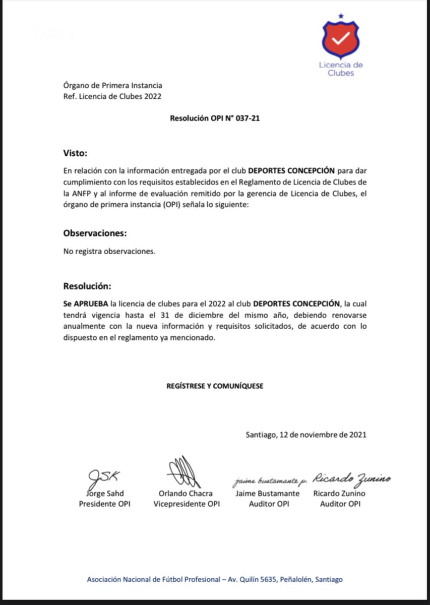 Recibimos la aprobación de nuestra licencia de clubes 2022, documentos presentados a tiempo y en forma por el @dconcepcionsadp. 

Pd: se rechazaron tres licencias para el 2022, adivinen quienes? 

Busque en “licencia de clubes” segunda profesional Link: anfp.cl/organos-jurisd…