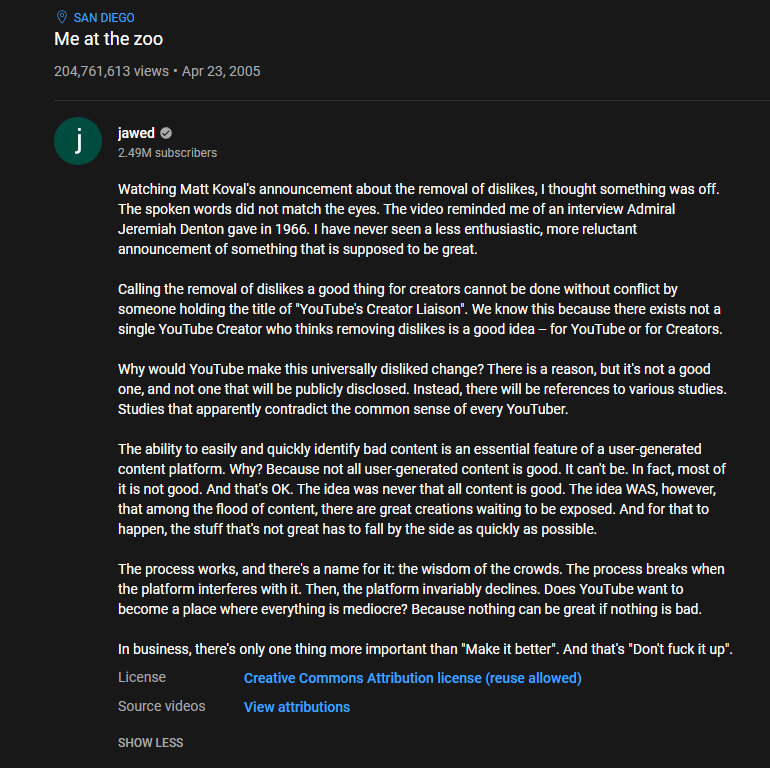_____qqqo's tweet photo. @YouTubeCreators Do you know what Jawed Karim said about removing dislikes? This https://t.co/57ECNWeiCs