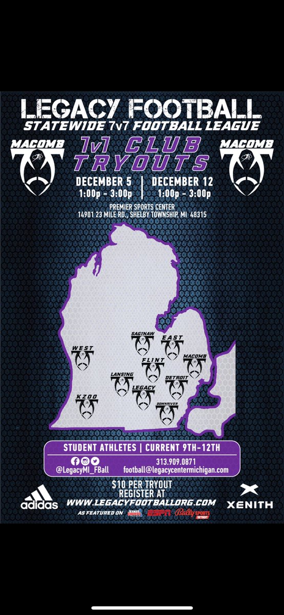 Macomb Legacy tryout are this weekend! Sunday Dec. 5th and Again Sunday Dec. 12th. Both are 1-3pm at Premiere Sports Center off of 23 in Shelby. 

CLUB MACOMB                                                      RAY OSTROWSKI
TRYOUT(S) REGISTRATION LINK: apps2.dashplatform.com/dash/index.php…