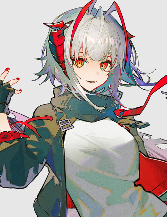 w (arknights) 1girl solo red nails horns gloves jacket shirt  illustration images