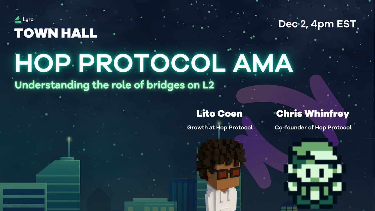 DeriveXYZ's tweet photo. 🐰We're excited to host the @HopProtocol team on Day 2 of Lyra Town Hall to learn more about the role that Hop is playing to scale Ethereum with their fast bridge to L2. 

Tune in for an AMA here on Twitter spaces - Dec 2, 4pm EST.

📅Set a reminder: https://t.co/YIKnuIDypy https://t.co/LPUXIq7dhM