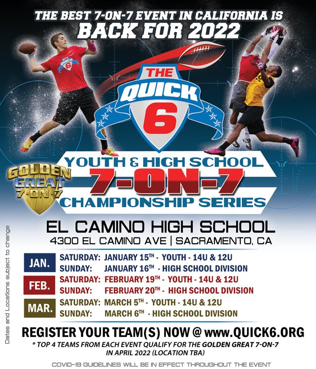 The BEST 7on7 Football event for High School &amp; Youth players is Back for 2022. <a href="/Quick6Football/">QUICK 6 FOOTBALL</a> returns with three weekends of qualifying tournaments. Sign your team(s) up now at quick6.org. Early sign-ups encouraged!