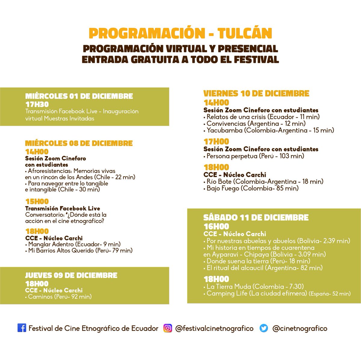 cinetnografico's tweet photo. VI Festival de Cine Etnográfico

 Programación de Exhibiciones en Tulcán
***Recuerda que todas las películas estarán disponibles en formato virtual***

Sede de Tulcán
Teatro Luis Enrique Fierro-CCE Núcleo del Carchi
Cce Benjamin Carrion Núcleo Carchi. https://t.co/jv3OZjzC0x