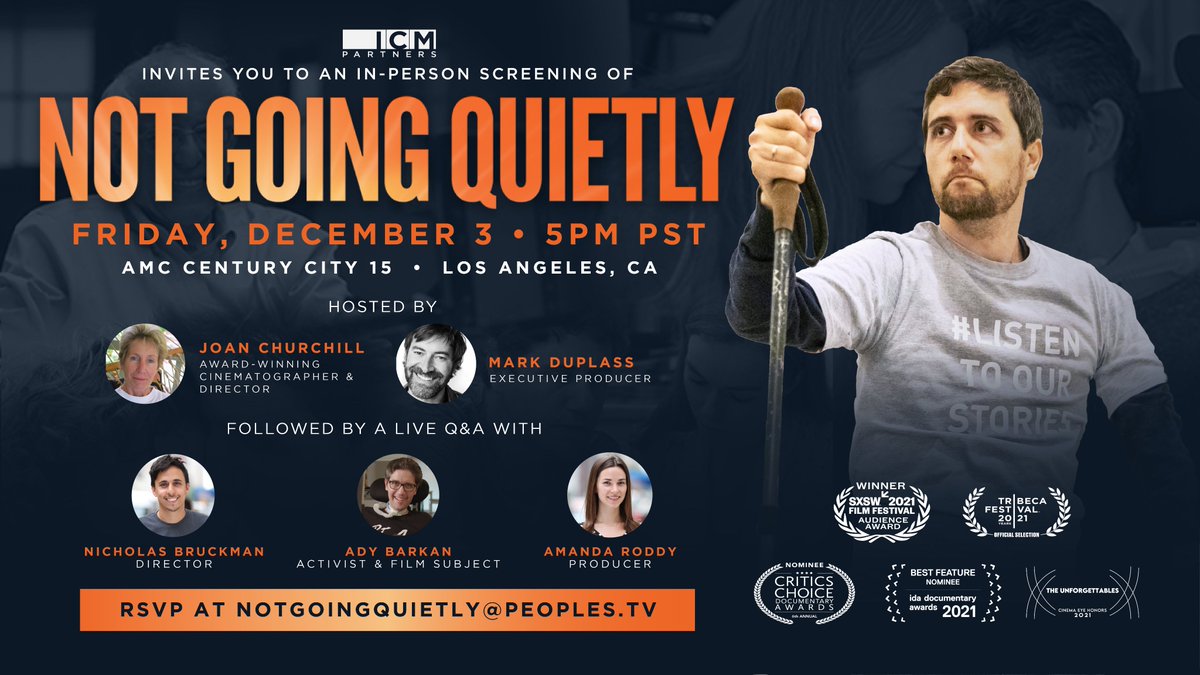 Angelenos, join us this Friday or a *very* special in-person screening hosted by our dear EP <a href="/MarkDuplass/">Mark Duplass</a> and none other than Award-winning Cinematographer/Director Joan Churchill.

The best part? Our main man <a href="/AdyBarkan/">Ady Barkan</a> will be there 🧡 RSVP now at notgoingquietly@peoples.tv!
