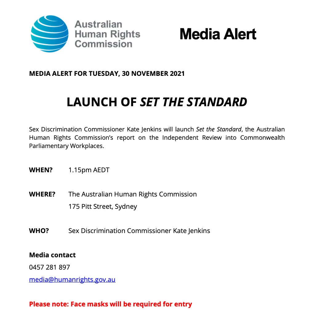 AusHumanRights's tweet photo. Media alert: Sex Discrimination Commissioner @Kate_Jenkins_ will today launch Set the Standard, the final report on the Independent Review into Commonwealth Parliamentary Workplaces. https://t.co/utNNM7QteE