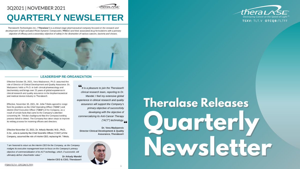 TheralaseTech's tweet photo. We are pleased to release the Company Newsletter for the third quarter of 2021. The Newsletter provides updates on the previous quarter and the progress on the Phase II Non-Muscle Invasive Bladder Cancer Clinical Study.

Read the full newsletter: https://t.co/5owVoUYeKM https://t.co/Y7MFzTx5ju