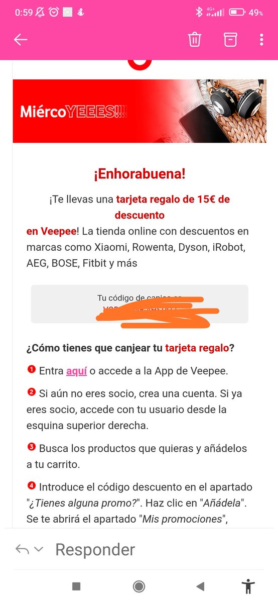 Montsaca's tweet photo. @vodafone_es #miercoyes un mes entero intentando meter el código de 15€ en @veepee_es y ha sido imposible. https://t.co/7wXZ96EZKY