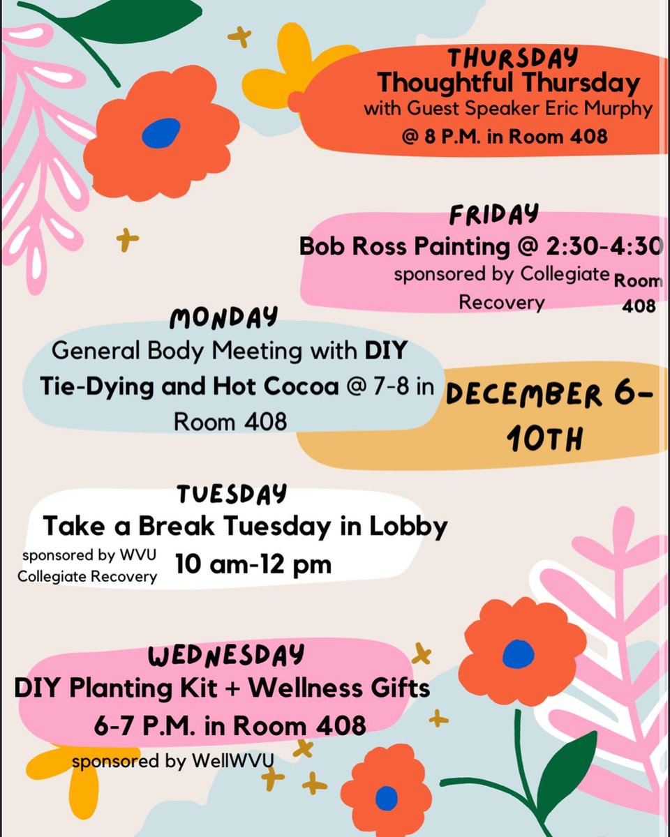NEXT WEEK is STRESS RELIEF WEEK! 🥰 A whole week of stress relief events, from Bob Ross painting to DIY wellness crafts, this is designed for YOU to come to the relax and reset before finals week❤️ See you then!