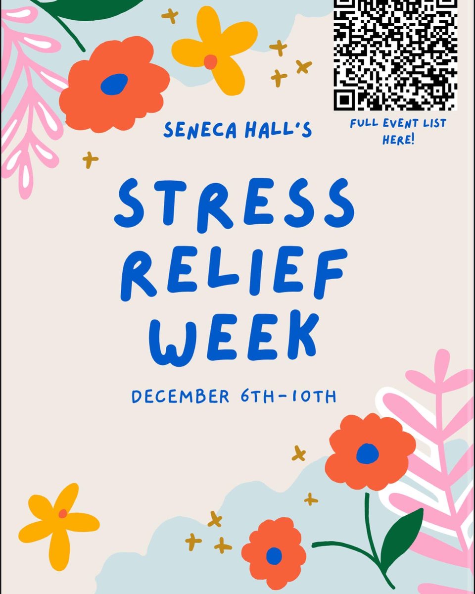 SenecaHallWVU's tweet photo. NEXT WEEK is STRESS RELIEF WEEK! 🥰 A whole week of stress relief events, from Bob Ross painting to DIY wellness crafts, this is designed for YOU to come to the relax and reset before finals week❤️ See you then! https://t.co/Sju5EExgPD