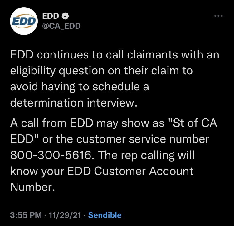 EDD on Twitter "EDD continues to call claimants with an eligibility