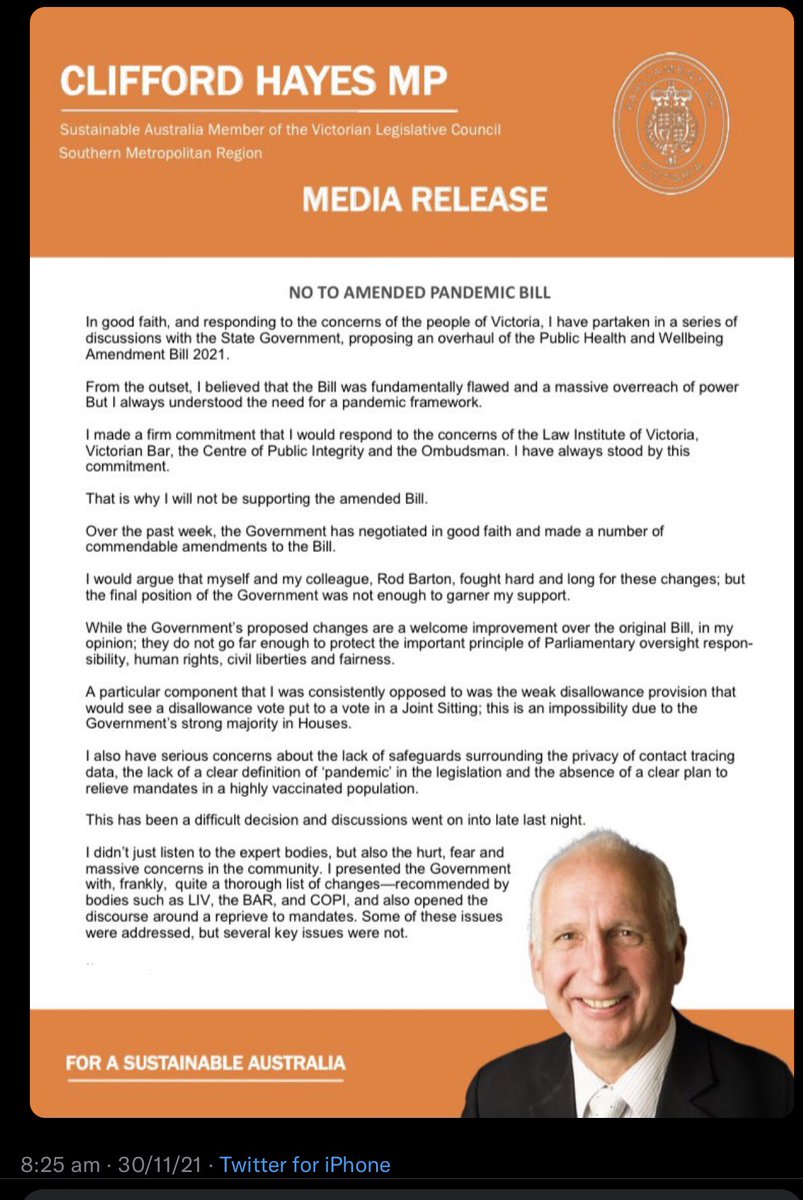 Adem_Flok's tweet photo. @3AW693 Says who?
@CliffordHayesMP stood up for #Victoria and said No to #DictatorDan pandemic bill
Why the backflip #RodBarton?
#NoPandemicLaws #KillTheBill #SackDanAndrews https://t.co/RLPzue2mum