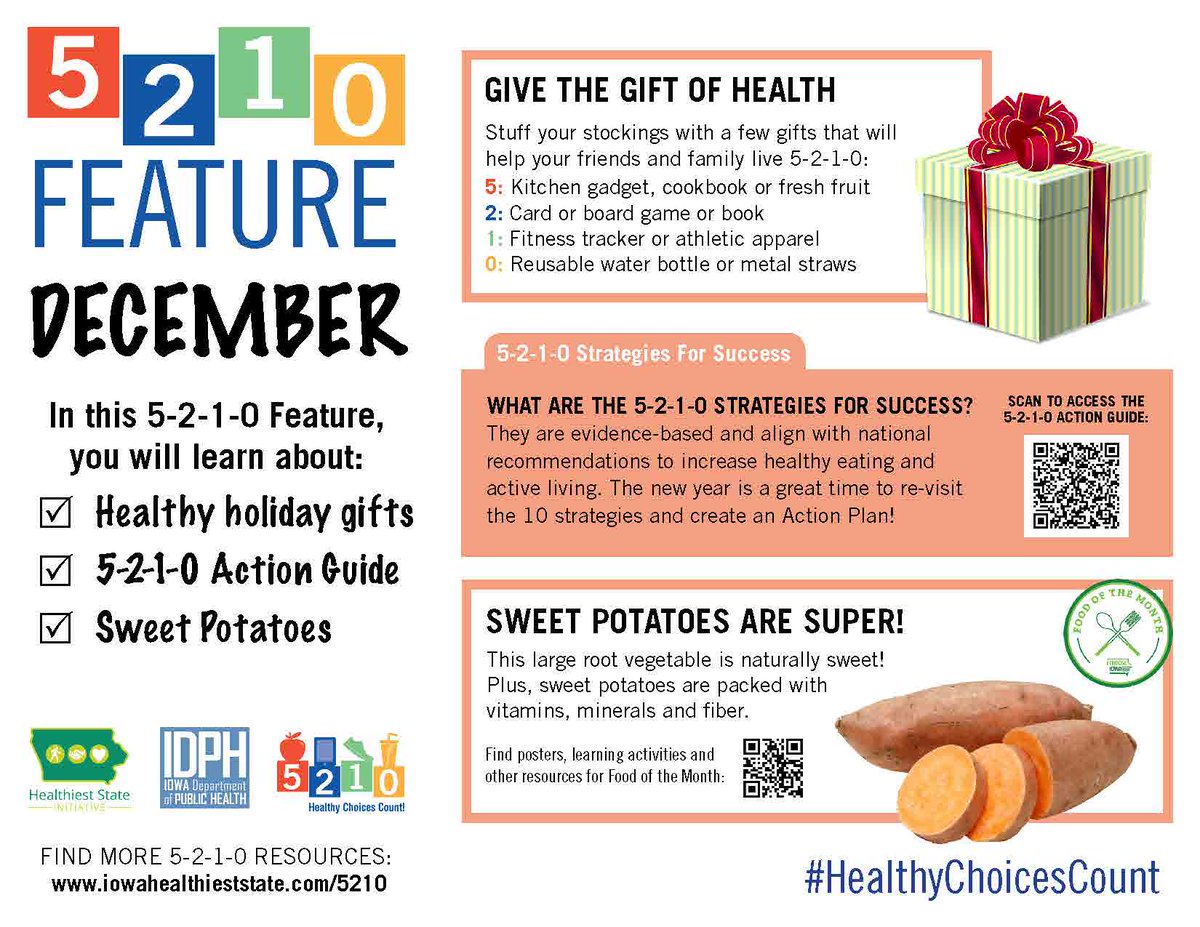 It's December 🎄 In this month's 5-2-1-0 Feature, you find resources for:
✅  Healthy holiday gifts
✅  5-2-1-0 Action Guide
✅ Food of the Month: Sweet Potatoes
Download: iowahealthieststate.com/5210Feature #HealthyChoicesCount