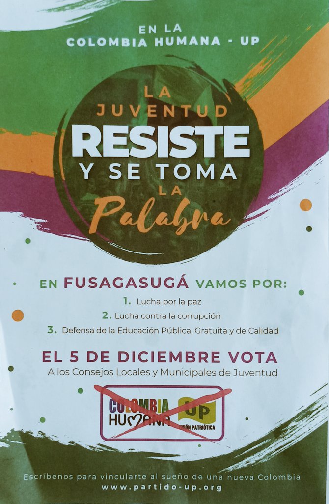 elguerrerojp09's tweet photo. Este 5 de diciembre en #Fusagasugá votamos por la #ColombiaHumanaUP. ✌🏻 Para el Consejo Municipal de Juventud https://t.co/AKRDcZT2Tc