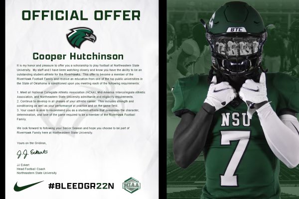 CooperHutchins1's tweet photo. Huge thanks to @CoachMeservy and the NSU staff for my first official offer! @JeffConawaySC @ShilohSaintsFB https://t.co/GSRZMIL14K