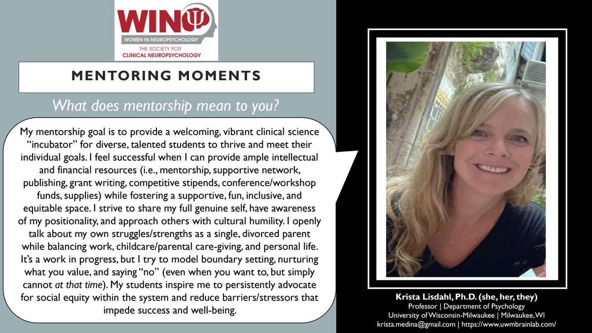 SCN_WIN's tweet photo. Closing out November with a new #MentoringMoment! Dr. Krista Lisdahl, clinical neuropsychologist, professor, and former WIN chair, provides advice on what mentorship means to her. Thank you for creating such wonderful spaces for your mentees, Dr. Lisdahl! #NeuropsychTwitter https://t.co/Dk0DJPidQP