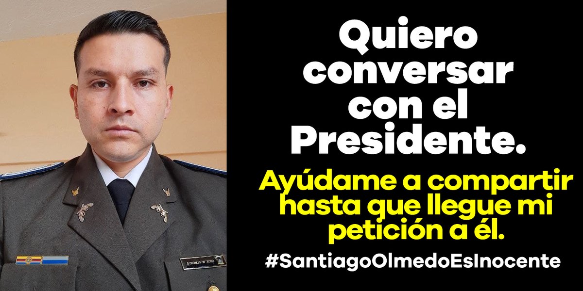 Sr. Presidente <a href="/LassoGuillermo/">Guillermo Lasso</a>, muy respetuosamente le pido me dé audiencia para poder exponerle mi caso y la injusticia que estoy atravesando por haber salvado la vida de un menor de manos de delincuentes armados. Confío en su ofrecimiento de apoyarnos.
#SantiagoOlmedoEsInocente