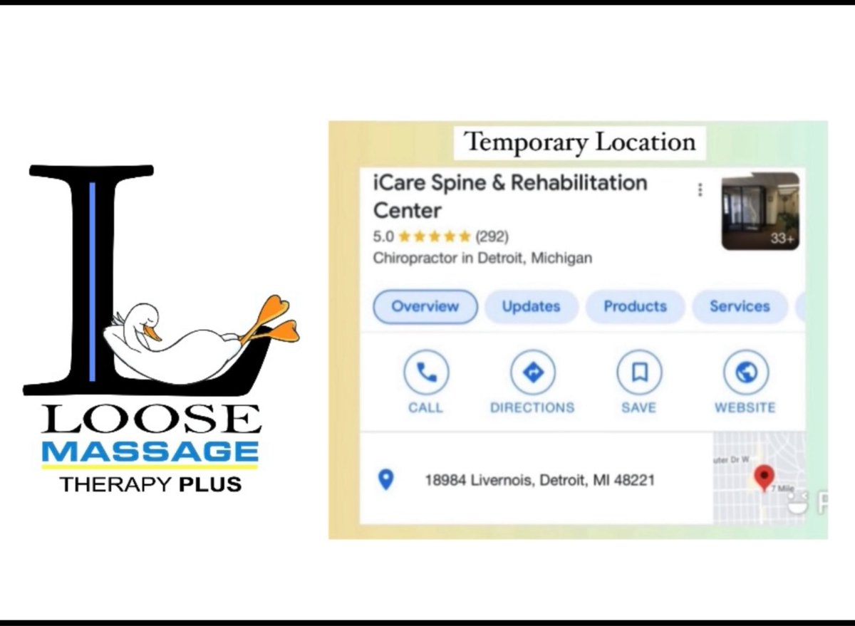 LoosePlus's tweet image. #LooseMassageTherapyPlus massage bookings have resumed! #LMTP has partnered with #iCareSpineandRehab with #DrForbes #Chiropractor to serve as our #Temporary location while we prepare to #Expand. Text/call (313) 574-3784 to schedule 1HR-90Min-2HR Massages lmtpmassagedeals.com