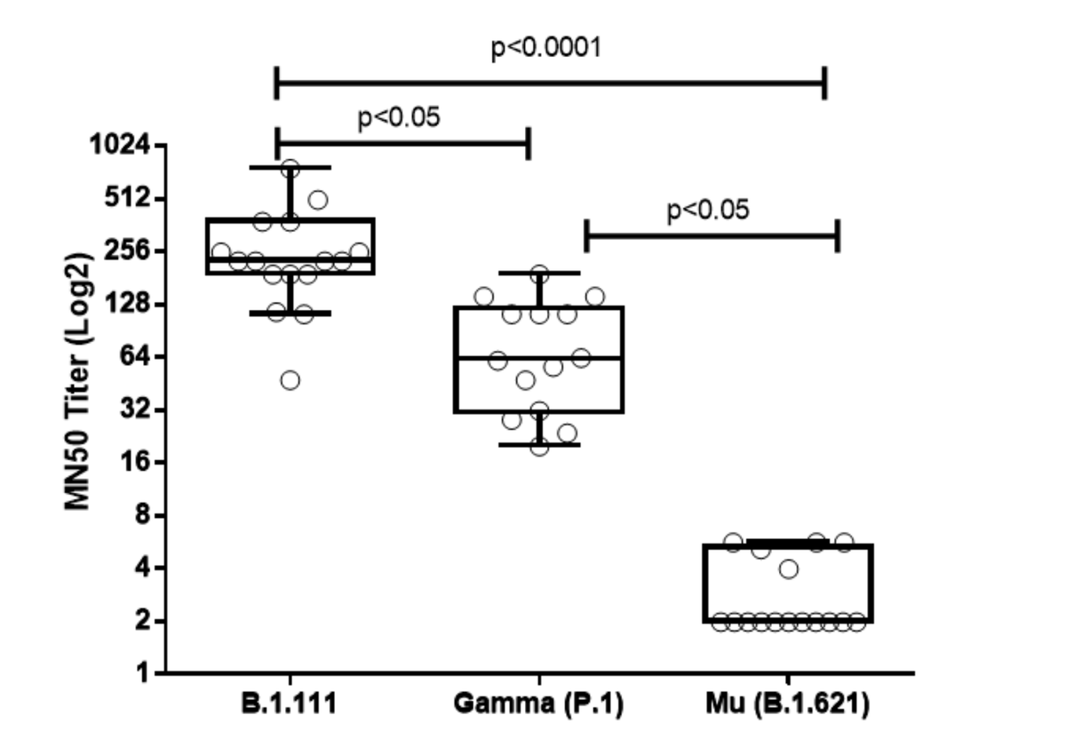 3DiMMUNE's tweet image. #MuVariant already escapes most of the vaccine-induced immunity and it does not even have that many mutations as #Omicron.   

Low neutralizing antibody titers against the Mu variant of SARS-CoV-2 in BNT162b2 vaccinated individuals medrxiv.org/content/10.110…