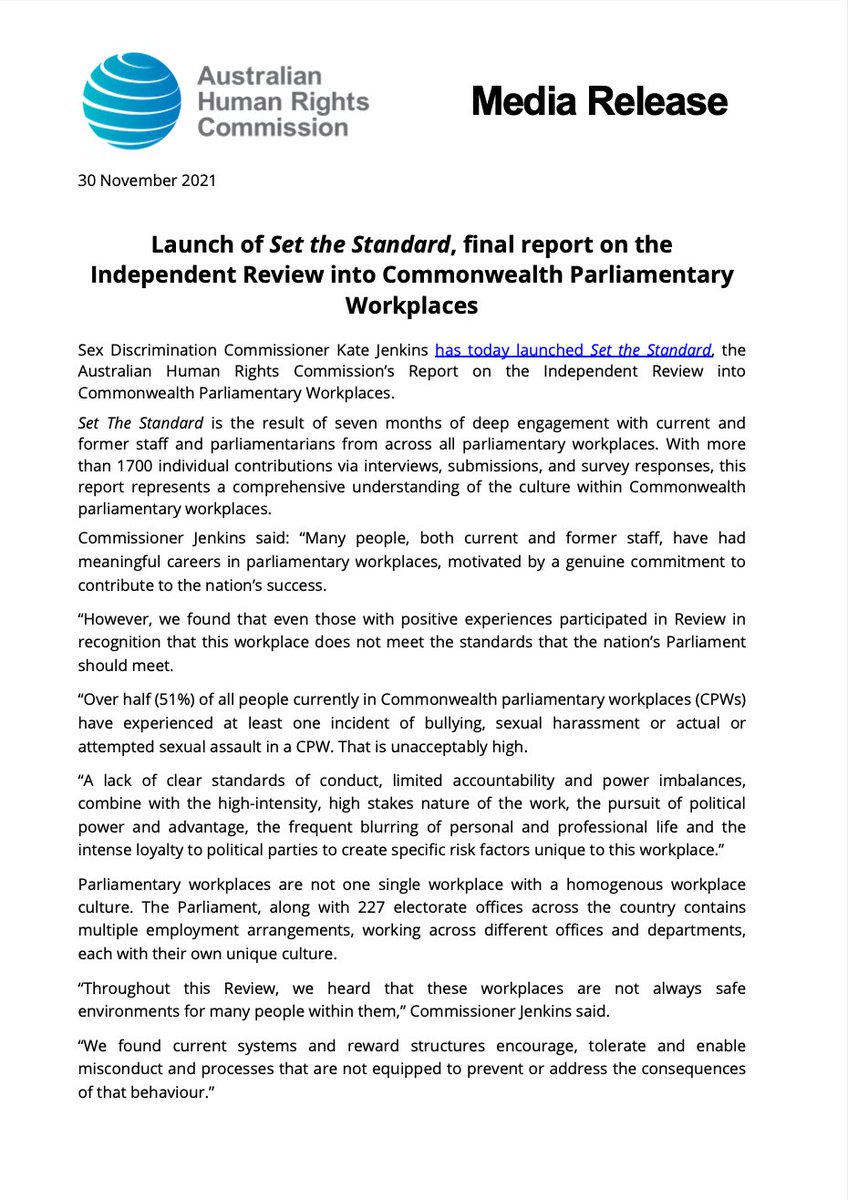 AusHumanRights's tweet photo. Media release: Sex Discrimination Commissioner @Kate_Jenkins_ launches Set the Standard, the final report from the Independent Review into Commonwealth Parliamentary Workplaces.

The report is available in full at https://t.co/3cbsiiIzEn https://t.co/RtAuRugfCY