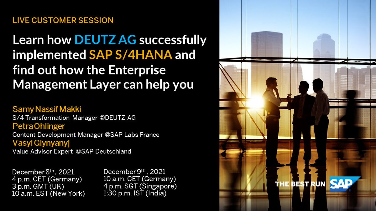 Don't miss the last opportunity to sign-up for our live customer session with <a href="/deutz_ag/">DEUTZ AG</a>! Register now: url.sap/mcvh4b or url.sap/22wtd4
<a href="/SAP/">SAP</a> #S4HANA
<a href="/_DSAG/">DSAG e.V.</a> <a href="/ASUG365/">ASUG</a> <a href="/VNSG/">VNSG</a> <a href="/SAPUserGroup/">UKISUG</a> <a href="/AUSAPE/">AUSAPE</a> <a href="/SBN_Norway/">SBN - SAP User Group Norway</a> <a href="/INDUS_Community/">INDUS</a> @SAPAusUserGroup <a href="/ASUGArgentina/">ASUG Argentina</a>
