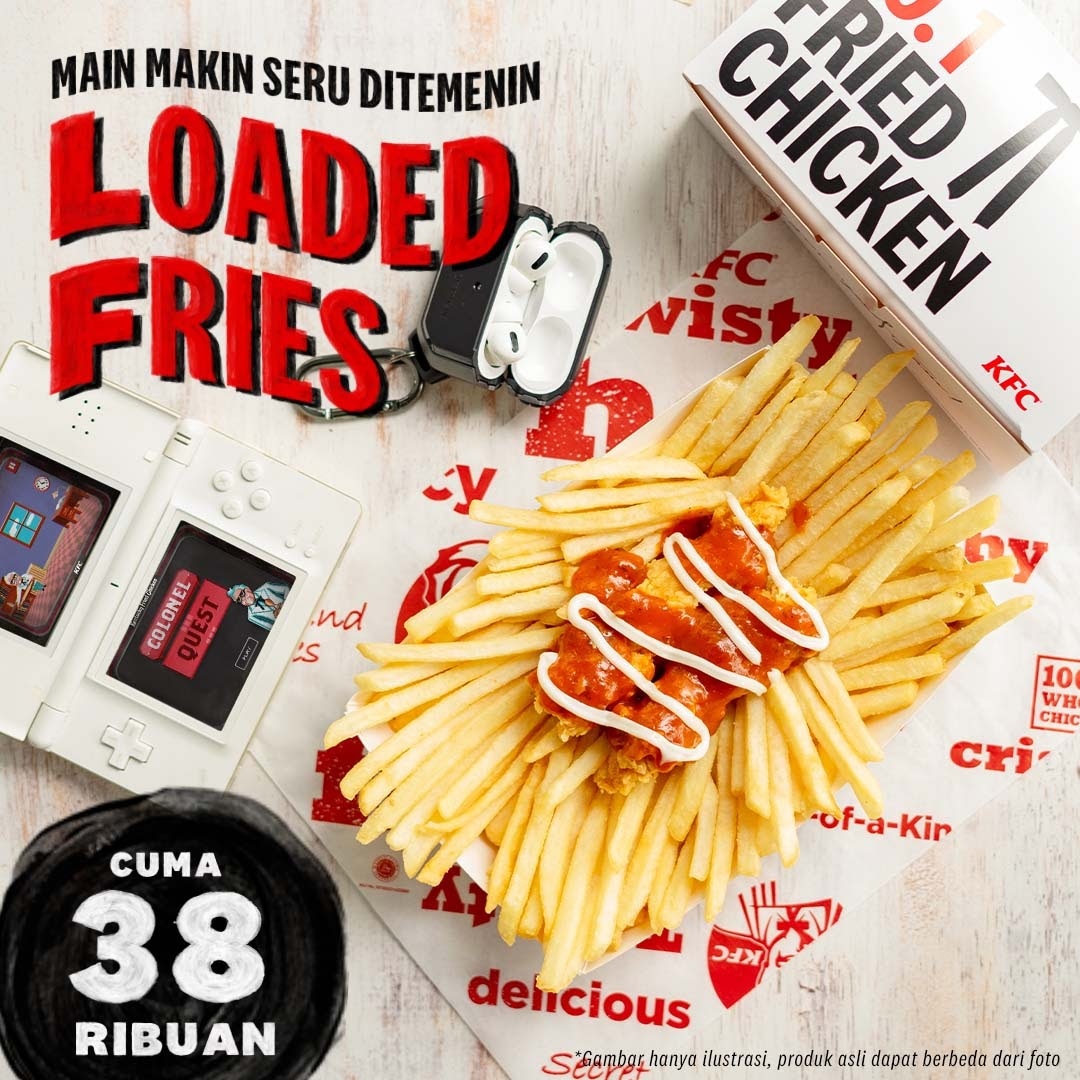 KFCINDONESIA's tweet photo. Biar aktivitas lo hari ini makin seru, pastiin LOADED FRIES cemilannya! Mulai dari 38 ribuan aja, Loaded Fries dijamin bisa bikin hari lo makin seru deh! Buruan pesen Loaded Fries lewat Drive-Thru atau Takeaway, sekarang!
#kfcindonesia #kfcloadedfries https://t.co/wPnib2MkVX