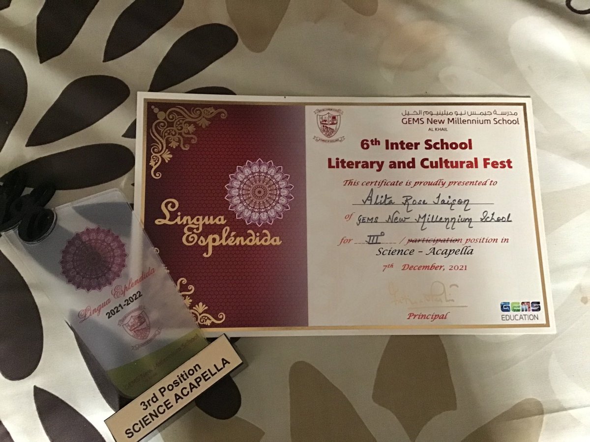 AlitaJaison's tweet photo. Today we had Lingua Esplendida. I had participated in science acapella and our school won 3rd position. ⁦@Fatima_Martin⁩ ⁦@JayarajVenetia⁩ ⁦@divya_joyce⁩ ⁦@gemsnms_alkhail⁩ ⁦@nmsmiddleschool⁩ https://t.co/ZO3fvNplNf