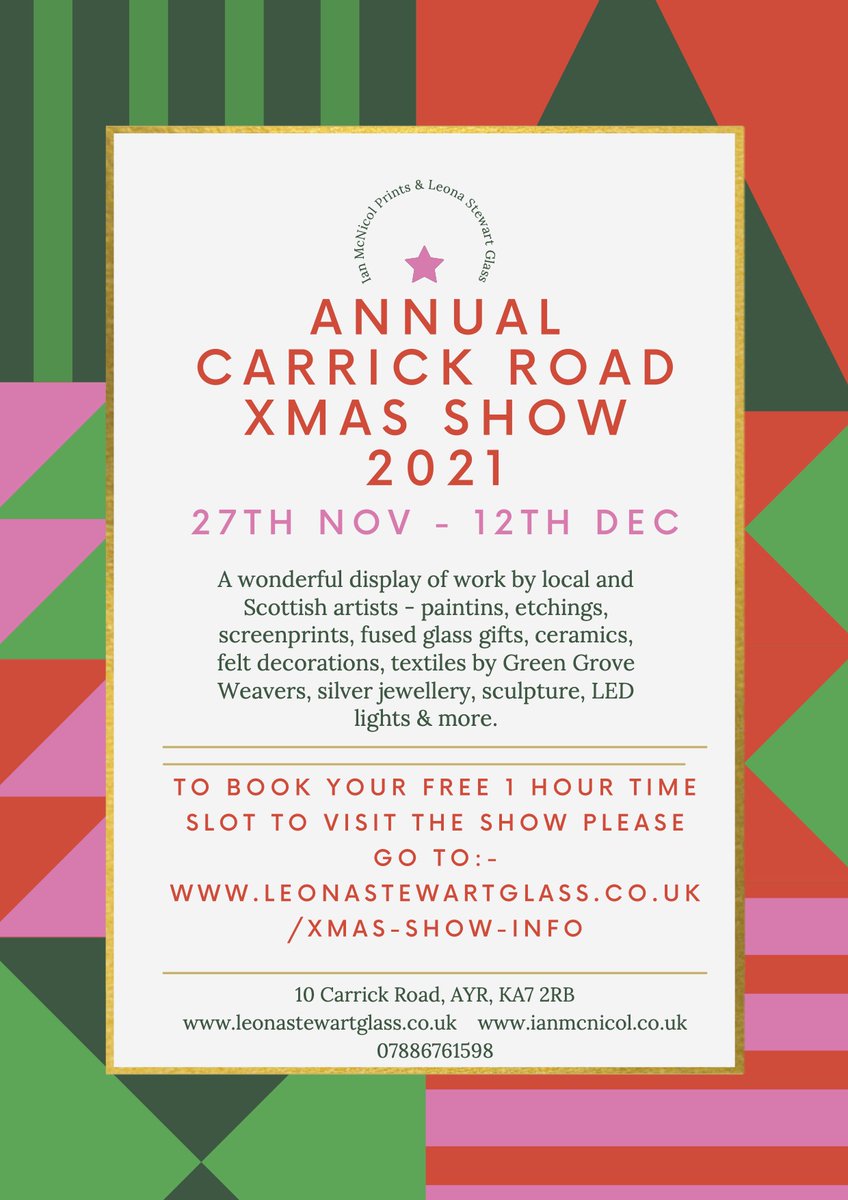 LeonasGlass's tweet photo. Our Annual Carrick Road Xmas Show is on till Sunday 12th Dec.  A wonderful selection of art, glass, ceramics, jewellery, textiles, candles, lights.  Book your free ticket (allows up to 6 people from 3 households to attend at the same time slot) https://t.co/vy29oN2tv7 #shoplocal https://t.co/McqOWBYzpC