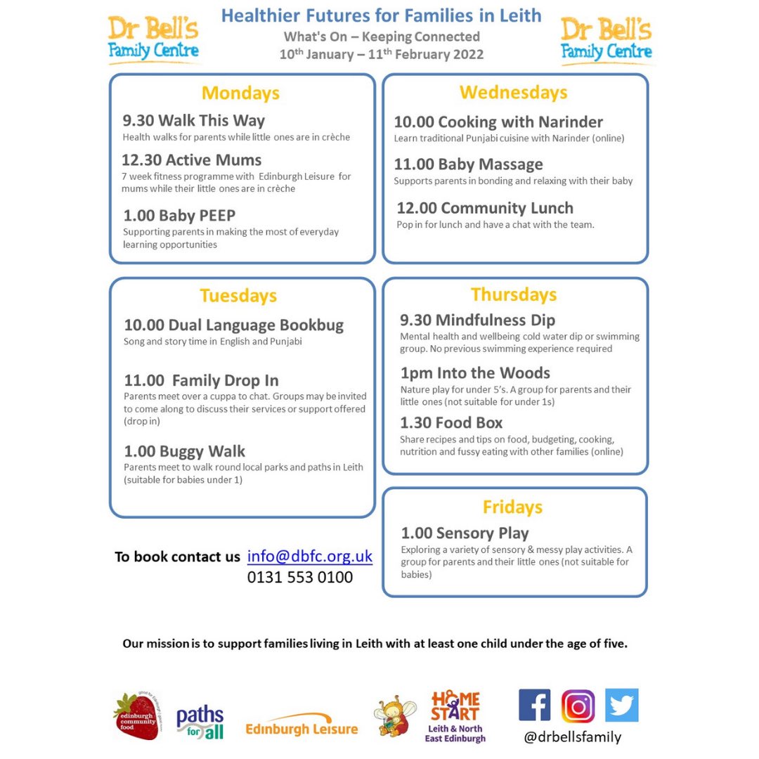 Dr Bell's Family Centre (@drbellsfamily) on Twitter photo 🎉Our new programme is live!! 🎉
If you live in #Leith (EH6/7) and have at least one child under the age of 5 you can join our community.
Our new programme is running from Monday 10th January until Friday 11th February 2022.
Interested? Drop us an email at info@dbfc.org.uk 🎉Our new programme is live!! 🎉
If you live in #Leith (EH6/7) and have at least one child under the age of 5 you can join our community.
Our new programme is running from Monday 10th January until Friday 11th February 2022.
Interested? Drop us an email at info@dbfc.org.uk
