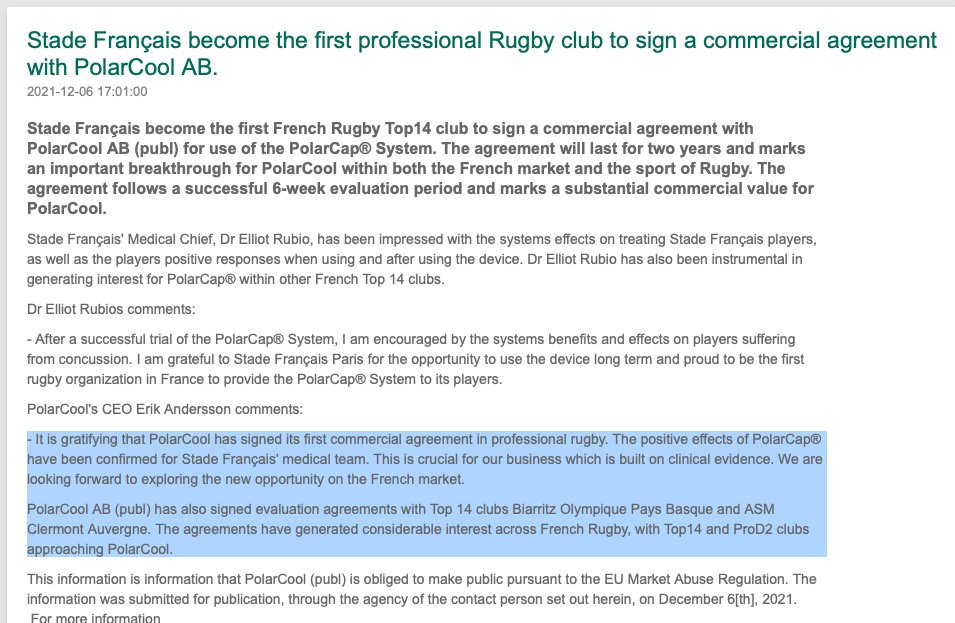 BullsideStories's tweet photo. Fler boom boom på G $POLAR #PolarCool

Clinical evidence ✅
Evaluation agreements hos Top 14 clubs Biarritz Olympique Pays Basque and ASM Clermont Auvergne ✅ som kan konverteras till kommersiella avtal som bolaget signade igår första Top 14 club Stade Français. 

Mao luktar 💰 https://t.co/9CUyi3FpQp