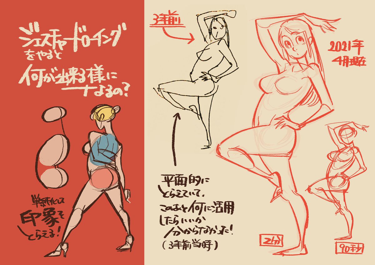 2010年から8年沢山人体を描いて、いざジェスドロやるぞー!とやったら「思てたのと違う」というのが出来上がったのが1枚目の画像(2分ドローイング)
8つ勉講師でもある栗田唯氏に教わって「肩の力を抜いて」「楽な気持ちで」「ちょっとずつ続ける」を3年間やったのが2枚目の画像です。
#8つ勉
