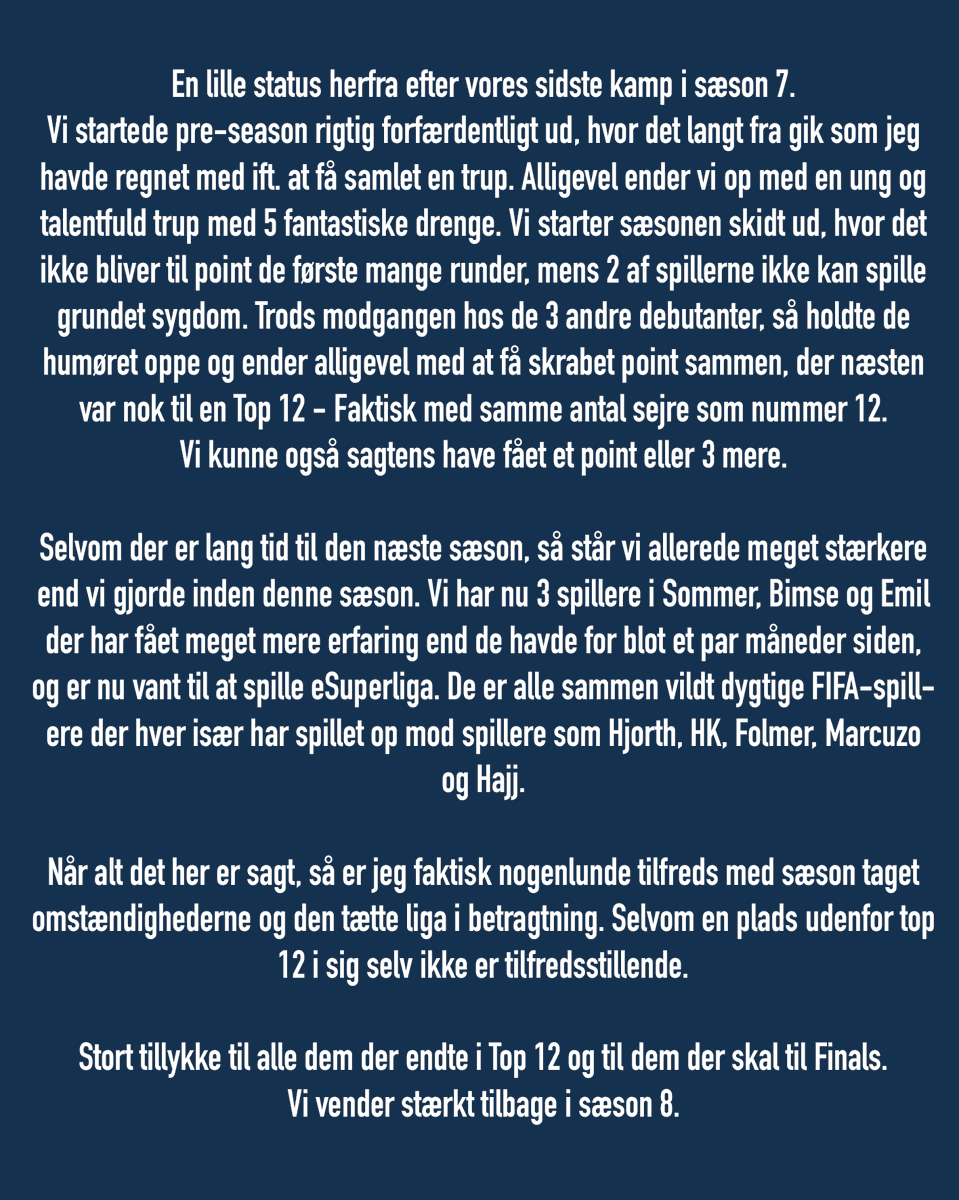 Neergaard_'s tweet photo. Lidt ord på vores sæson hvor det blev til en plads udenfor Top 12...

#eSuppen | @eSuperligadk @Emil_sorensen17 @JSommer02 @BimseFIFA @khang @Amer_Solak03 @Andreas_Kaalby https://t.co/PChgwQVmRS