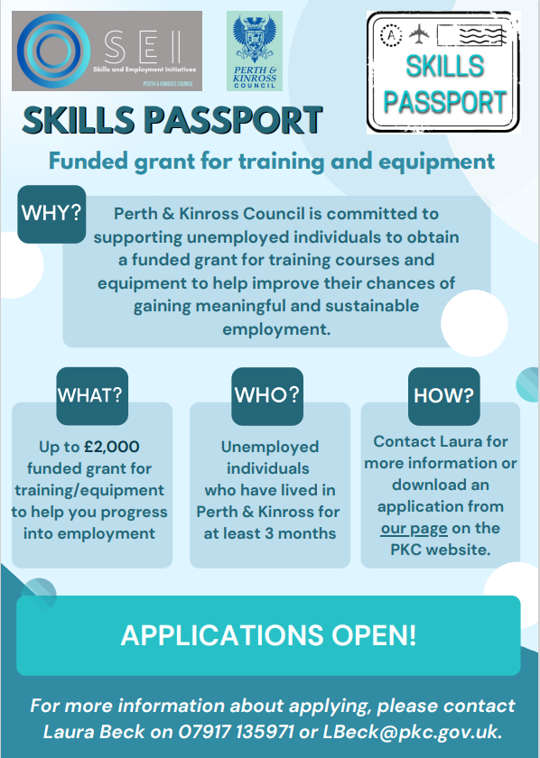 SkillsTeamPKC's tweet photo. ✨NEW PROJECT✨

We are excited to announce that our brand new project “Skills Passport” is now open for applications!

Are you unemployed and unable to gain employment due to lack of qualifications and resources? 

Contact Laura for more info:
📲LBeck@pkc.gov.uk
📞07917 135971 https://t.co/q1MhgSPfhf