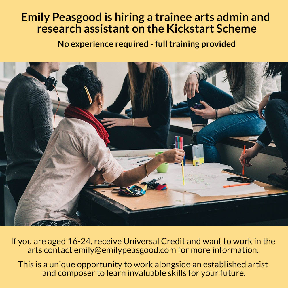 EmilyPeasgood's tweet photo. If you know any young people that might be interested in these roles, please contact emily@emilypeasgood.com - they start in January, and no experience is required as I will train them in full. #Kickstart #Ramsgate #ArtistAssistant #FieldRecordist https://t.co/z6bWyAPTR7