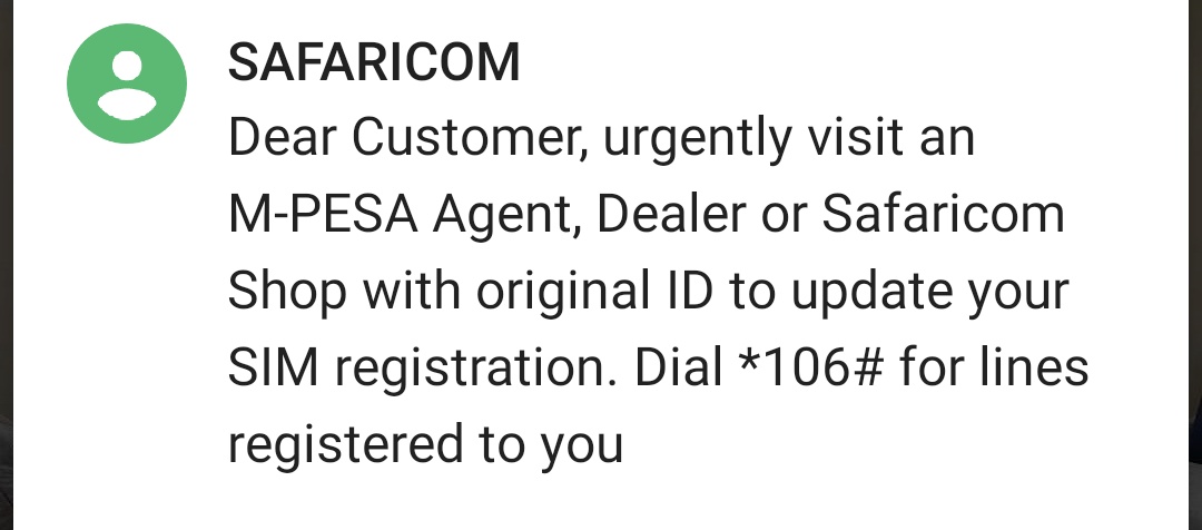 NhezronM's tweet photo. @Safaricom_Care Is this an on going SIM registration update process or what does this message mean, kindly? https://t.co/rcDC5NWUYH