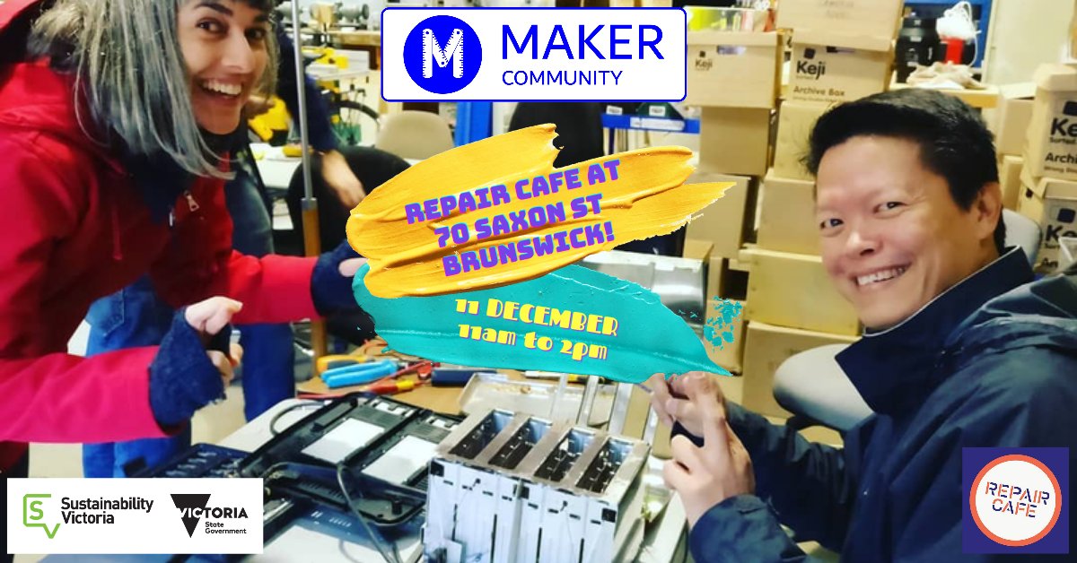 Maker Community is back! This Sat (11 Dec), we are hosting a Repair Cafe in the new space, 70 Saxon St, Brunswick.

If you've got broken parts lying around — and are up for the challenge of breathing new life into them —, look no further than Sat's workshop 👀.

See you there!