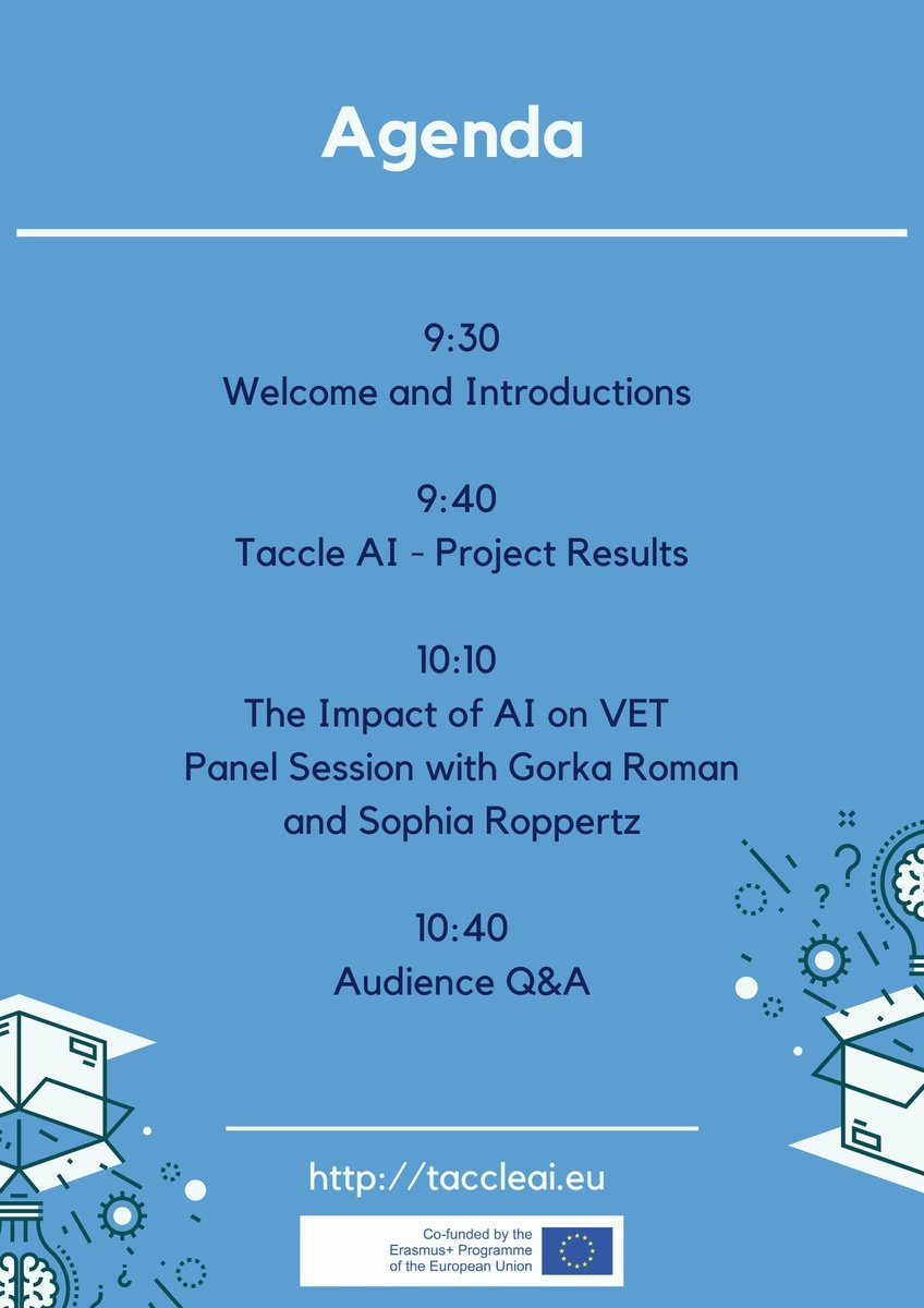 TaccleProjects's tweet photo. Join us tomorrow morning weds 8th December 9:30 UK as we look at the impact of artificial intelligence on vocational education and training. https://t.co/dz7s0WJkht and if you can't join us please sign up anyway and we will send you the recording and presentation. #AI #TaccleAI https://t.co/SVSV6LdubA