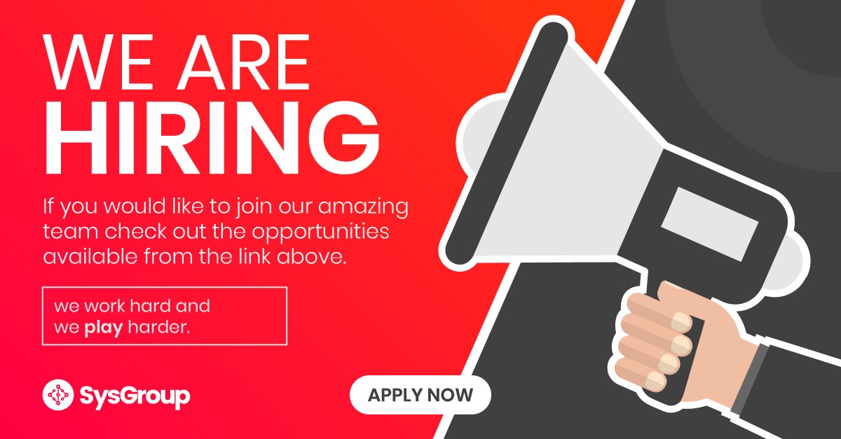 SysGroupPLC's tweet photo. 🎉We are hiring!🎉
🔥 If you’re the best at what you do, we want to hear from you...
🌐Check out our vacancies HERE: https://t.co/Jksv05CF3i
#Hiring #TeamSysGroup #Vacancies https://t.co/Y3RT77DX4K