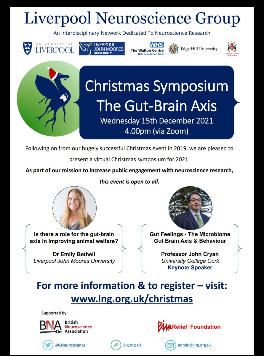 LNeuroscience's tweet image. You're all invited to the #Liverpool  #Neuroscience Christmas 🎄 Symposium: The Gut Brain Axis. Supported by @BritishNeuro.
15th Dec @ 16.00 via Zoom.
Ft.
🧠 Dr Emily Bethell (@EmilyJBethell @ljmubiology @RCBB_LJMU)
🧠 Prof John Cryan (@jfcryan @UCC )
lng.org.uk/christmas