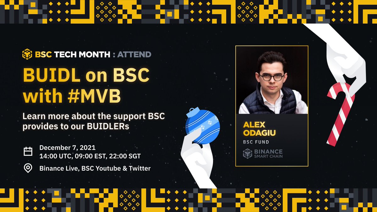 BNBCHAIN's tweet photo. Live session with Alex @odagius starts in 3 hours! Join us to learn how easy it is to start building on #BSC and how MVB can help your team grow. 

Got questions for Alex?🤔
ASK 👉https://t.co/s0MTv7U8zZ

📅Dec 7, 14:00 UTC
📍Binance Live, BSC Youtube or Twitter😉 https://t.co/DH74hrGHm8