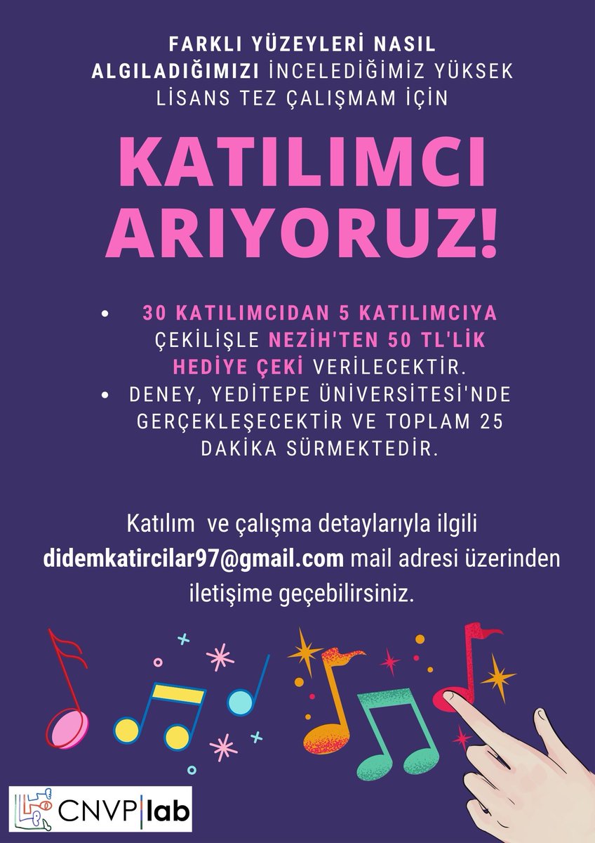 Katılımcı arıyoruz 👀 25 dakikanızı ayırarak interaktif bir deneye katılıp bilime katkı sağlayabilir ve hediye çeki kazanabilirsiniz. Katılımcı olmak için didemkatircilar97@gmail.com adresine mail atabilirsiniz 🎶