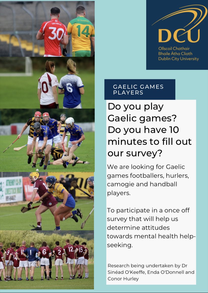Do you play Gaelic games (Gaelic football, hurling/camogie or handball) and over the age of 18? We would love to hear from you. 

Help us learn more about Gaelic games players' attitudes towards mental health help-seeking. Take part in our survey below. 

dcusciencehealth.qualtrics.com/jfe/form/SV_0o…