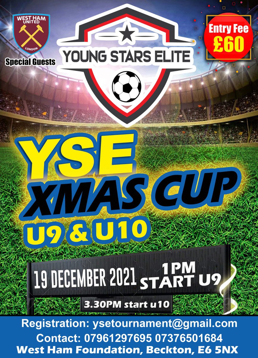 YOUNGSTARELITE's tweet photo. YSE XMAS CUP 
Sun 19th December 2021 
U9 &amp; U10

Very limited spaces!!! 

Entry is £60 per team. https://t.co/le6VjhR5Hr