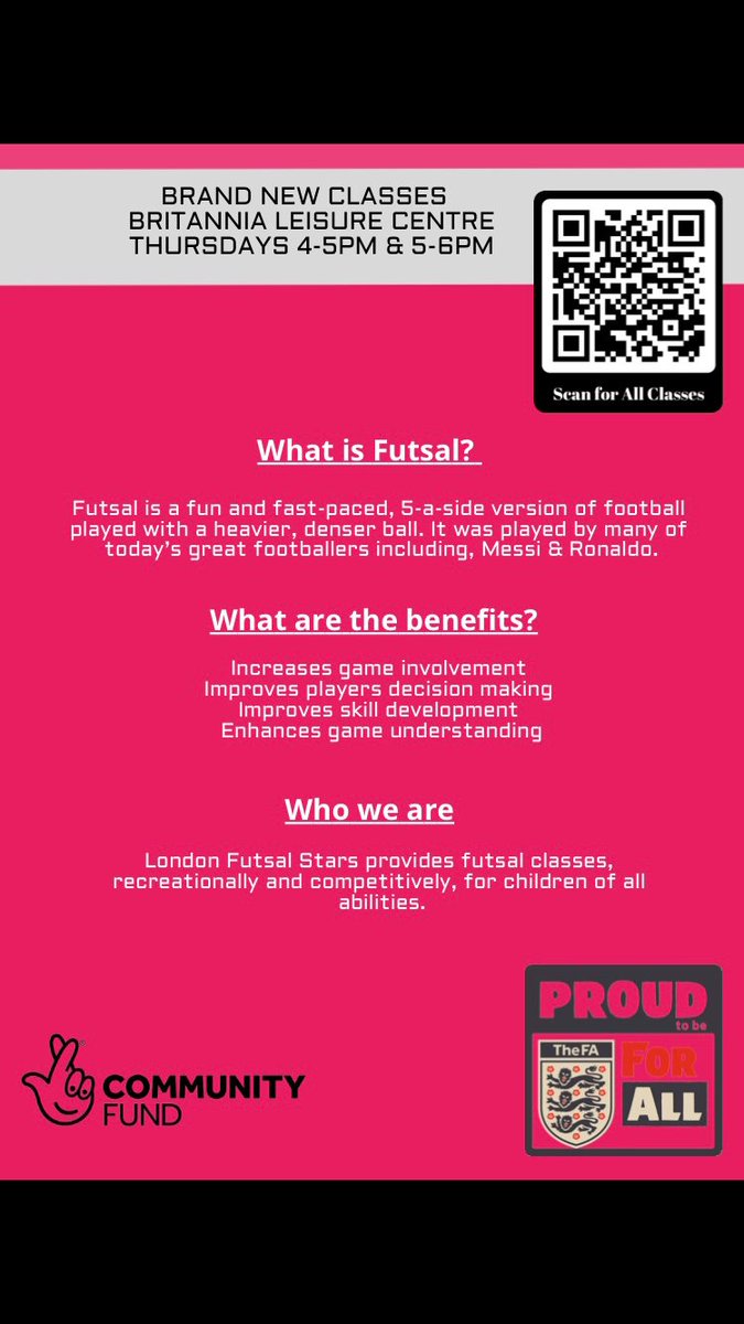 StarsFutsal's tweet photo. We are delighted to share that we have received #NationalLottery funding from @TNLComFund for our project! Thank you to National Lottery players for helping #MakeAmazingHappen. We provide financial assistance for our new Britannia Leisure Centre classes. To sign up email us today https://t.co/KyARfzpABO
