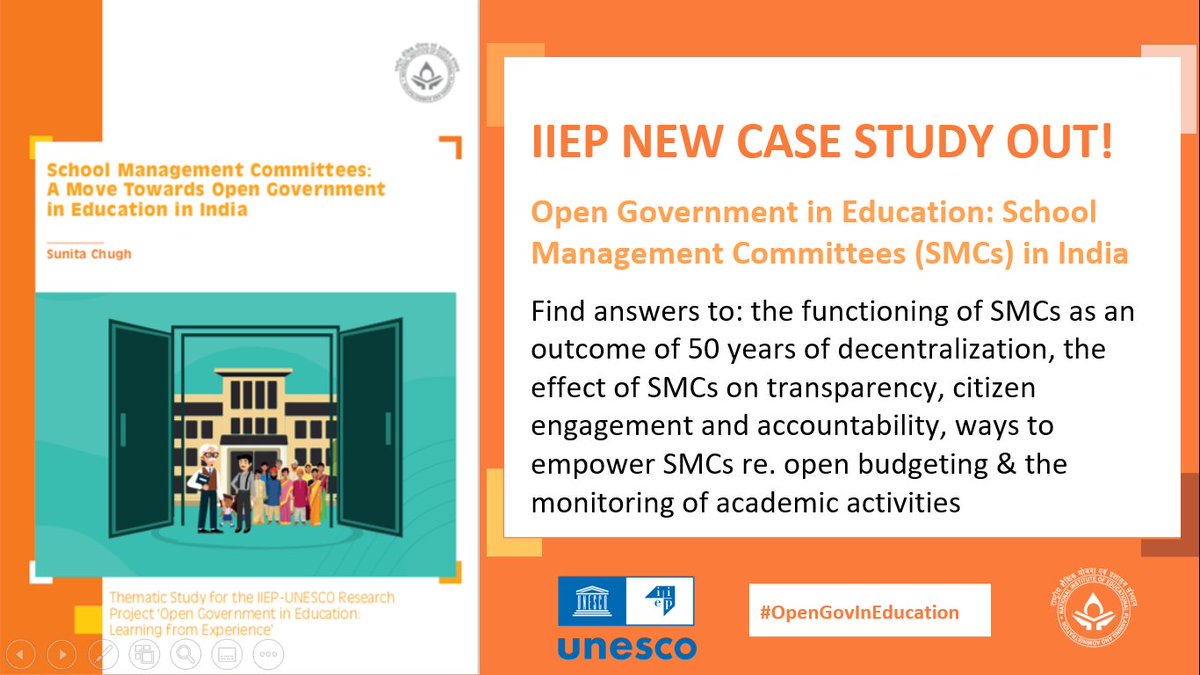 MurielPoisson's tweet photo. Just launched! @IIEP_UNESCO @NIEPA_Official new thematic case study on #SMCs in India. Download it here: https://t.co/XaJWND5QXN

More info about @ETICO_IIEP research on #OpenGovInEducation here: https://t.co/Kgfvg8Wr3K https://t.co/BGr5RWIWXk