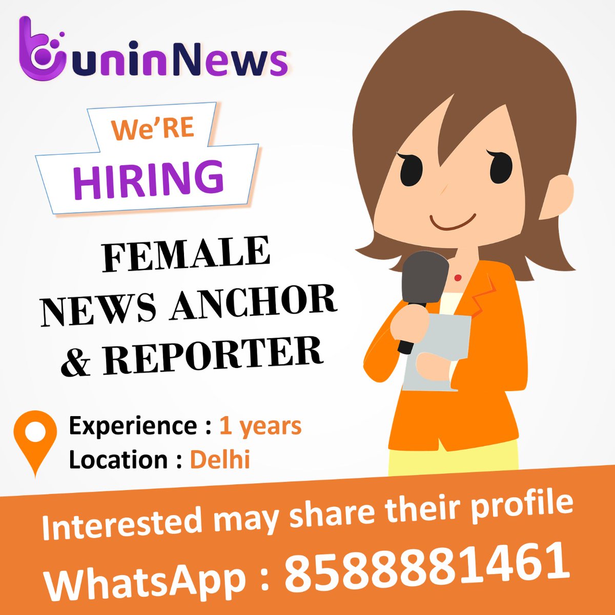 TuninNews's tweet photo. We'RE  HIRING
FEMALE NEWS ANCHOR &amp; REPORTER

Experience : 1 years
Location : Delhi

Interested may share their profile
WhatsApp : https://t.co/7ceOUjbwJs https://t.co/13HsowKlka